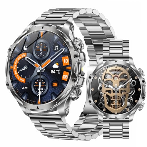 JUSUTEK 2025 革新 アウトドアスポーツスマートウォッチ通話機能付き，1.9インチ大画面金属腕時計,軍用規格,耐衝撃,高強化ガラス,LED懐中電灯、5ATM防水，機械ボタン回転，女性機能，目覚まし時計，ストップウォッチ，歩数計，電卓，smart watch,APP,着信通知表示,iphone&アンドロイド対応,贈り物,日本語対応,日本語説明書付き (銀鋼)